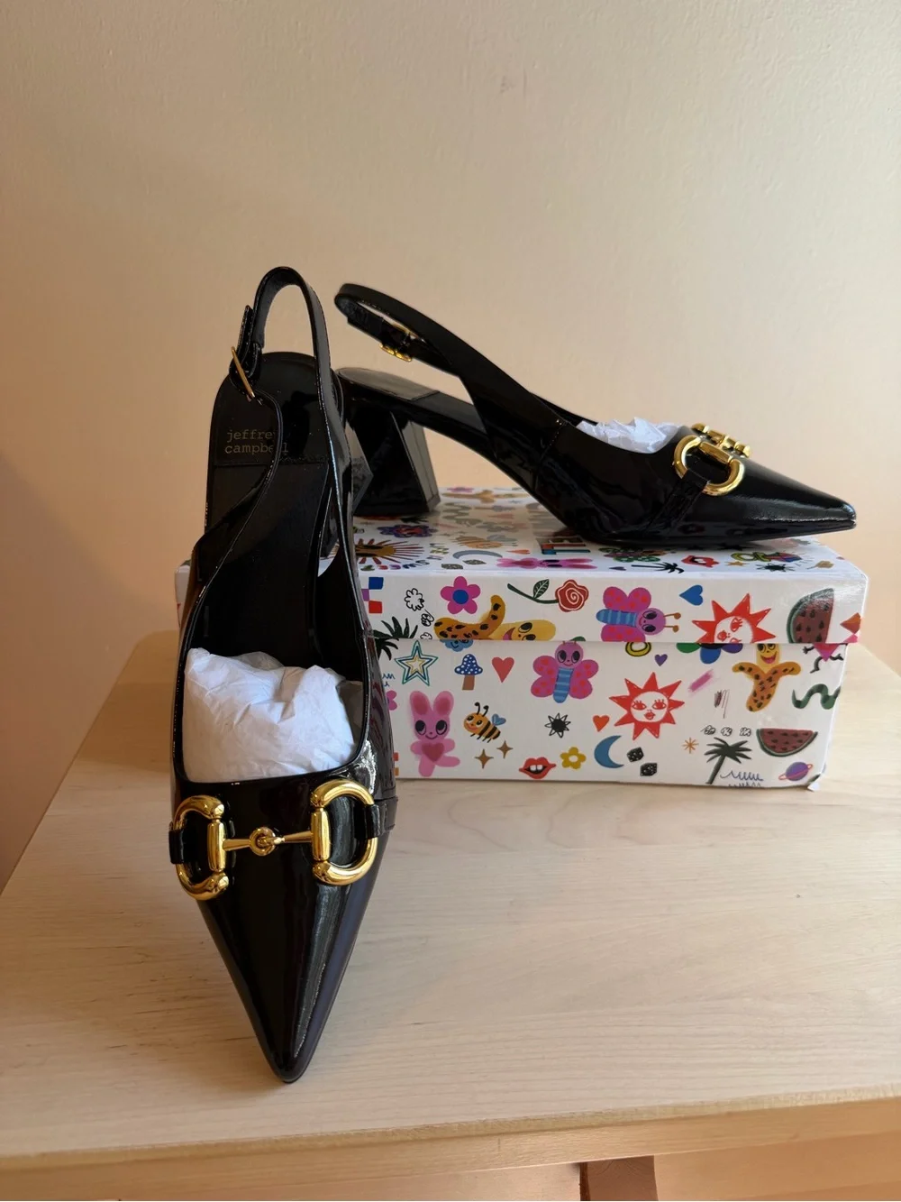Jeffrey Campbell Black Patent Pointed Slingback Pumps with Gold Hardware
